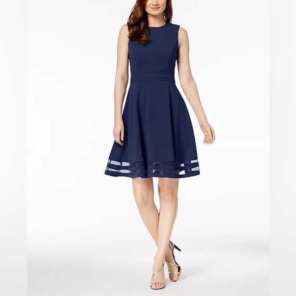 Calvin Klein Dresses & Skirts - NEW Calvin Klein Illusion-Trim Fit & Flare A-Line Dress Navy Sleeveless Size 12